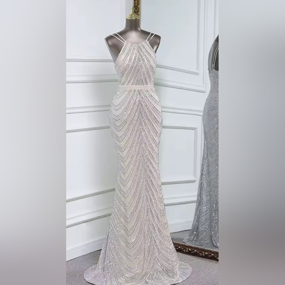 Silver,  O Neck, Sleeveless,  Detachable Skirt, Sequined Mermaid Gown - Picture 13 of 16